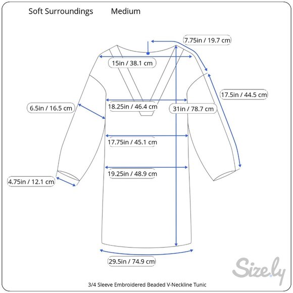 Soft Surroundings 3/4 Sleeve Embroidered Beaded Blue Green V-Neck Tunic M - Picture 7 of 7